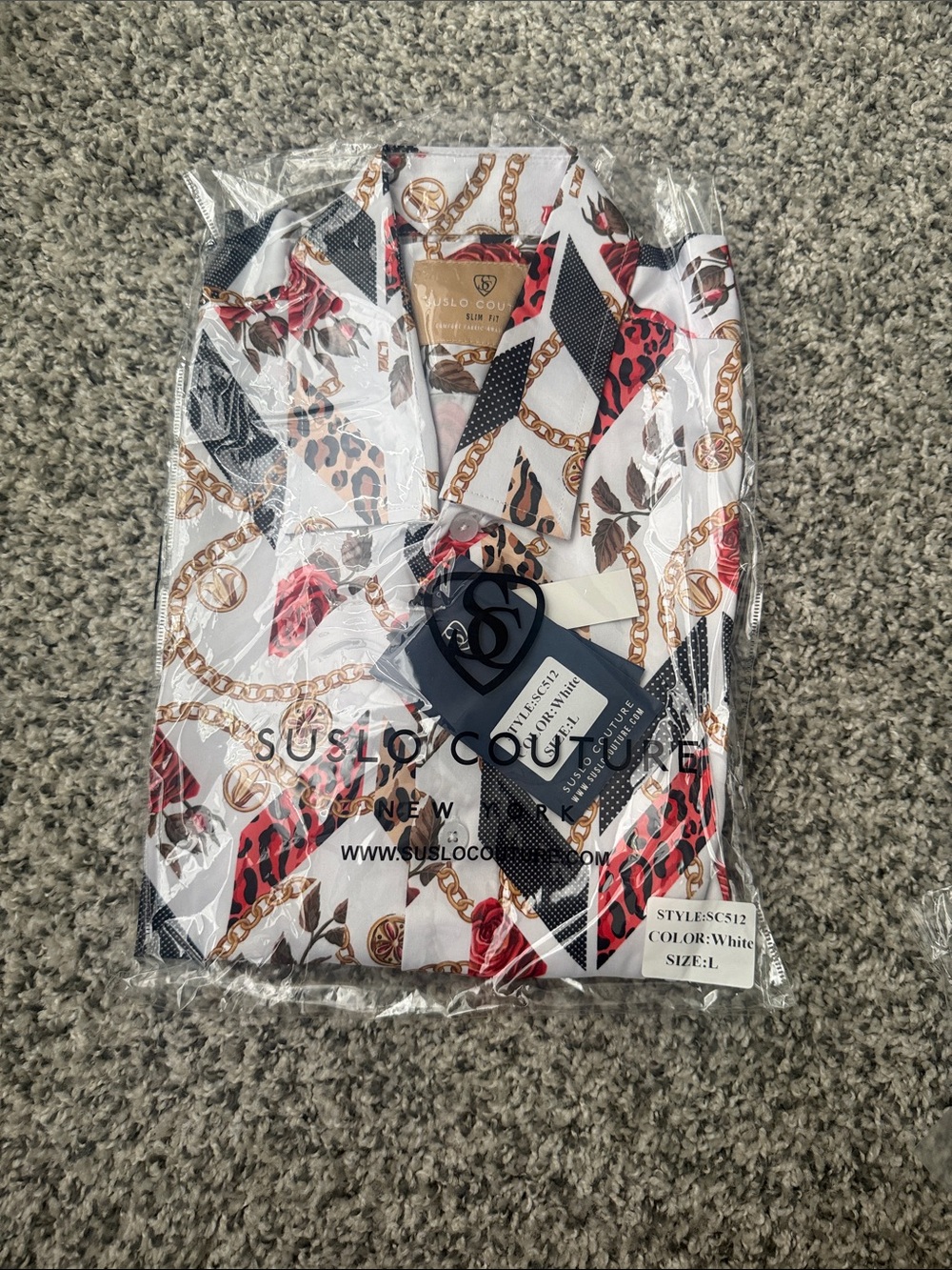 Men’s White Printed Button-Up Shirt - Chain & Floral